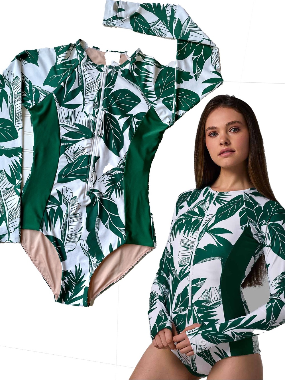 Coolibar Escalante Long Sleeve One Piece Swimsuit SzM Eden Green Zip Neck UPF 50